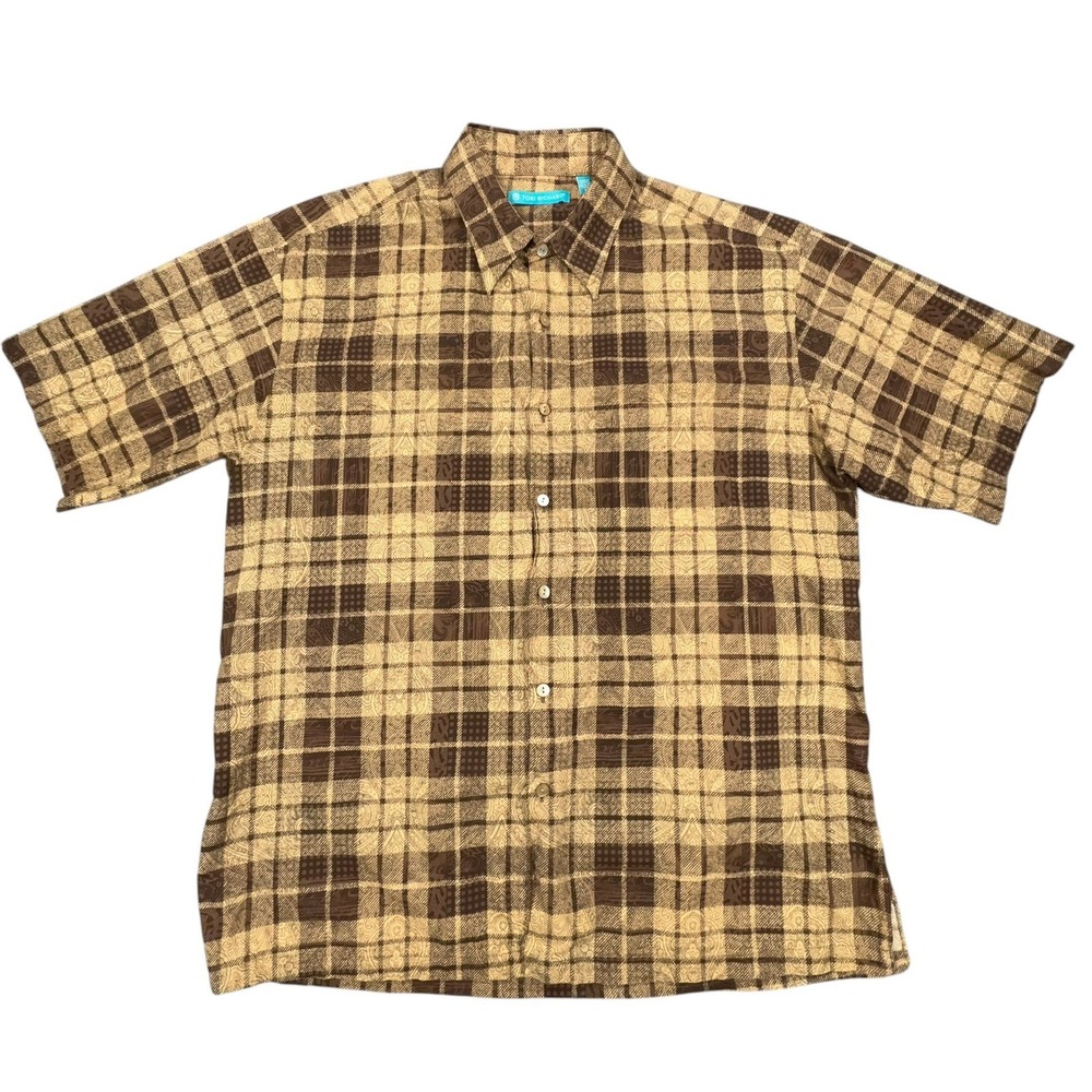 Tori Richard Button Down Shirt Mens L Brown Plaid Paisley 100% Cotton Lawn Aloha